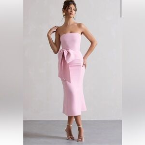 CLUB L LONDON PINK BANDEAU MIDI DRESS WITH OVERSIZED BOW